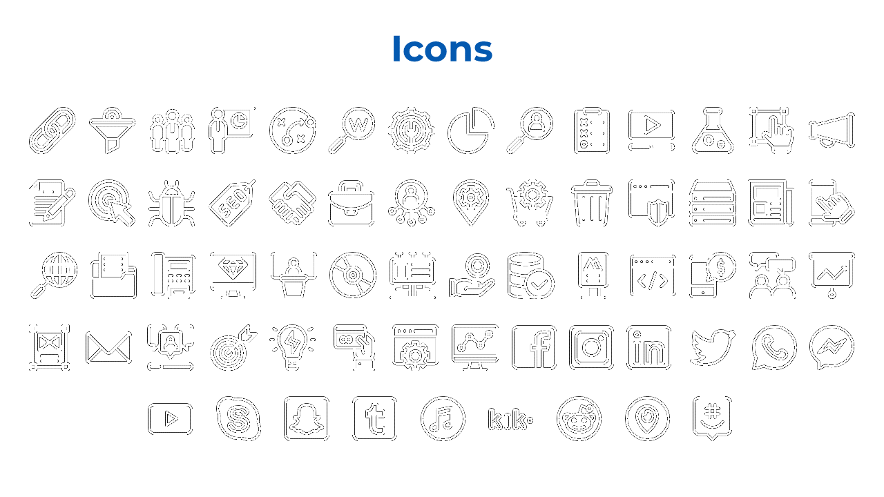 Collection of vector icons illustrating activities like online collaboration, data analysis, and social media platforms.