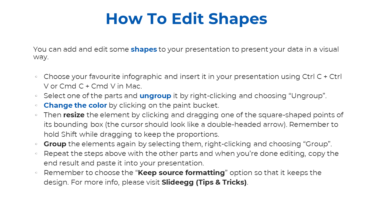 A guide to editing shapes in PowerPoint, demonstrating how to ungroup, resize, color, and group infographic elements.