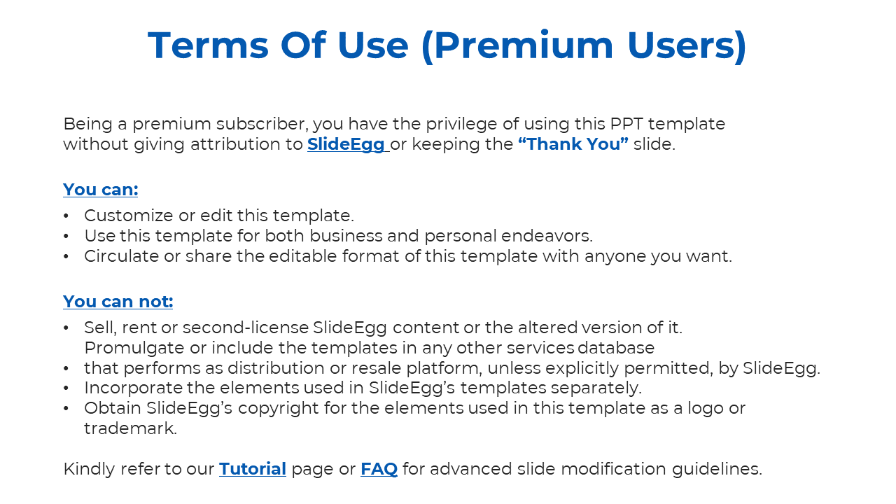 SlideEgg premium user terms, including the ability to edit templates and circulate the editable format without attribution.