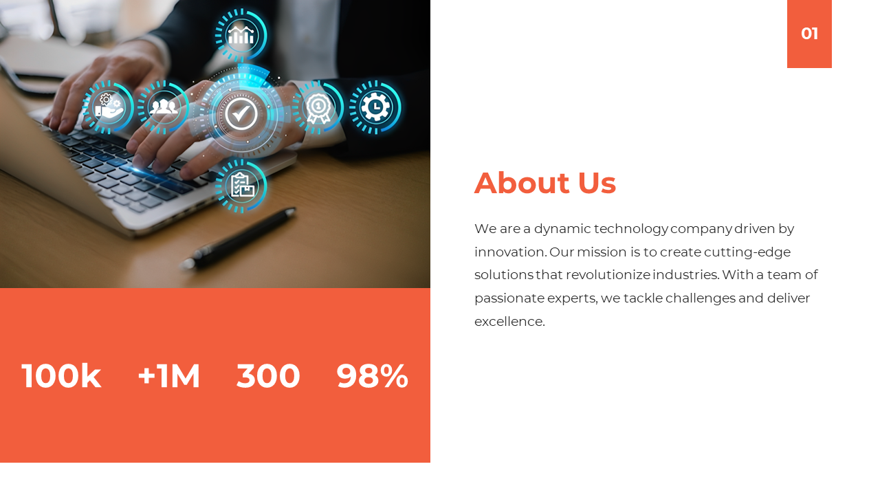 About Us PPT presents a technology driven company’s mission and statistics, set against an image of a person using a laptop.