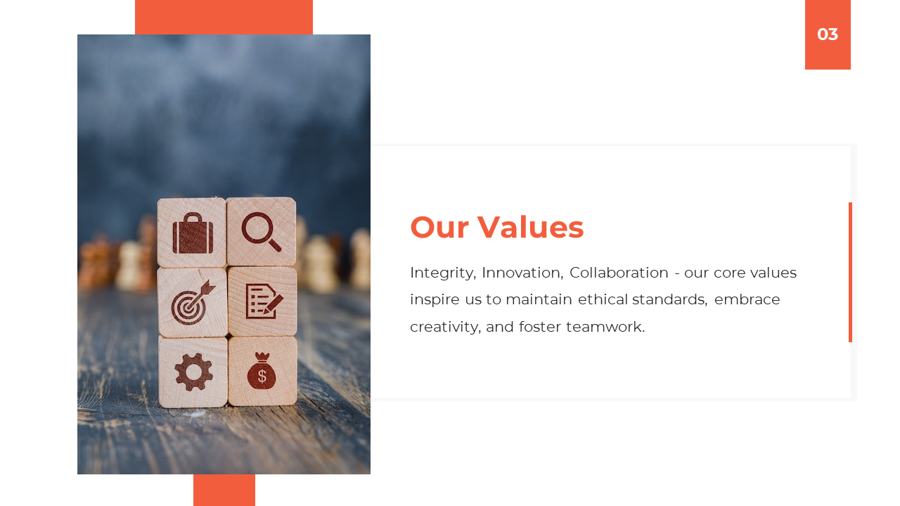 Our values slide highlights core principles such as integrity, innovation, and collaboration, with icon filled wooden blocks.