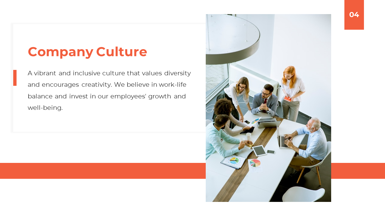 Company culture PPT slide showcasing a diverse and inclusive team collaborating around a table with laptops and tablets.