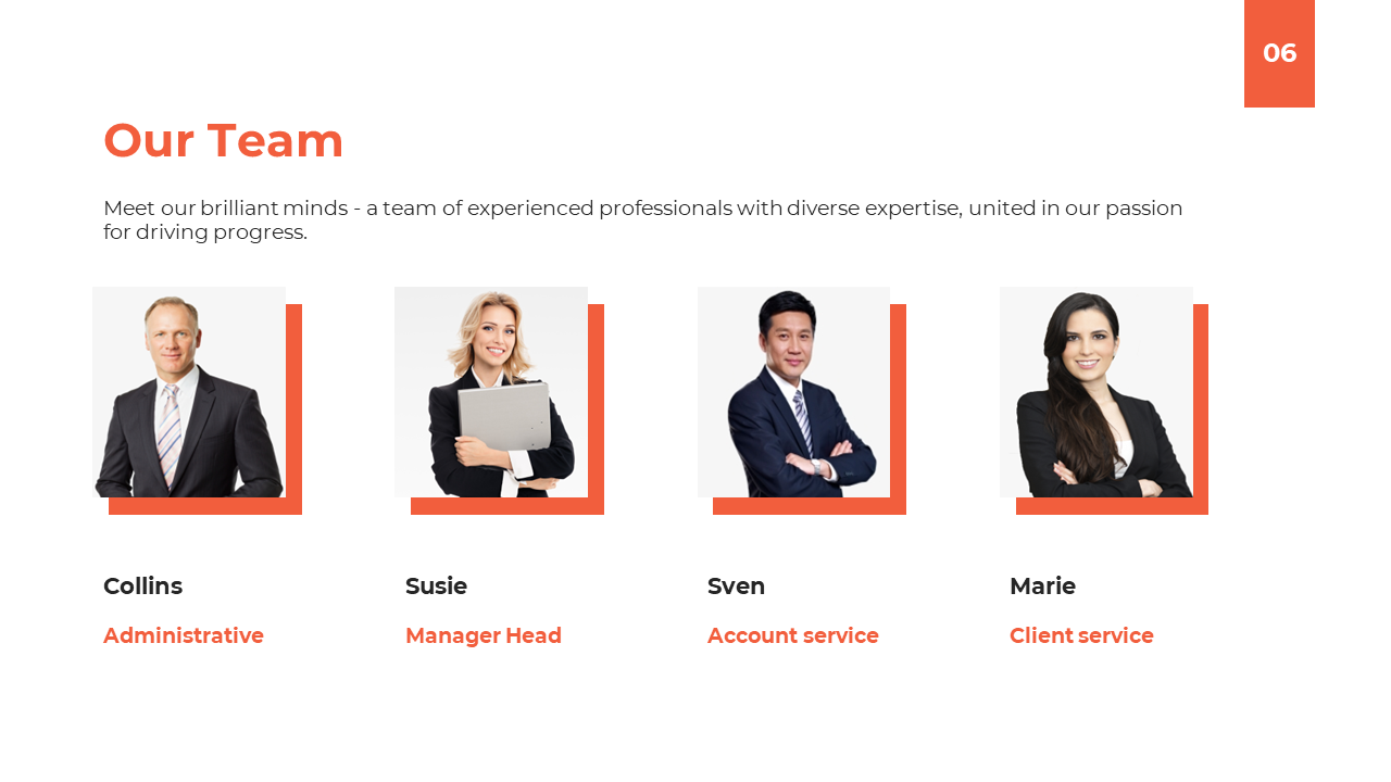 Slide showcasing the company's team with portraits of four members in an orange border and their roles on a white theme.
