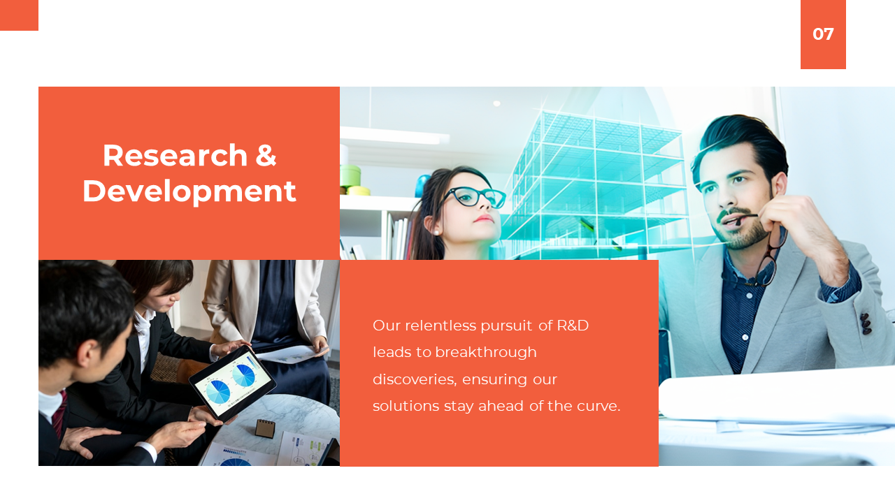 Research and Development PPT slide showcasing a team working on data analysis, with a quote on an orange theme.