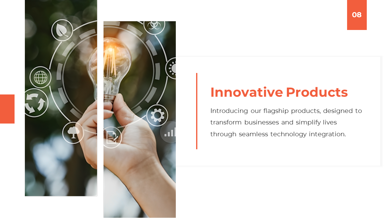 Innovative products PPT slide showcasing a hand holding a light bulb surrounded by digital icons on a white backdrop.