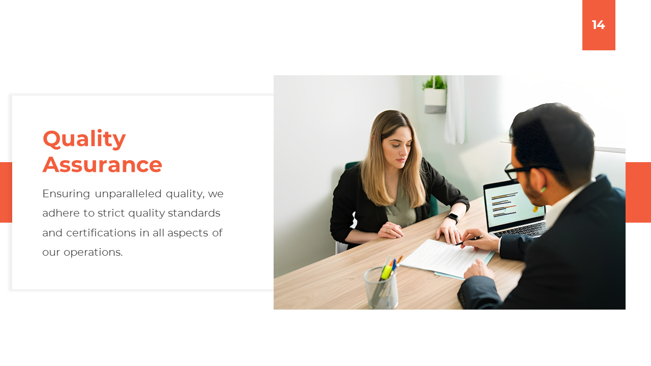 Slide showcasing quality assurance, with two individuals collaborating on paperwork to ensure high quality operations.