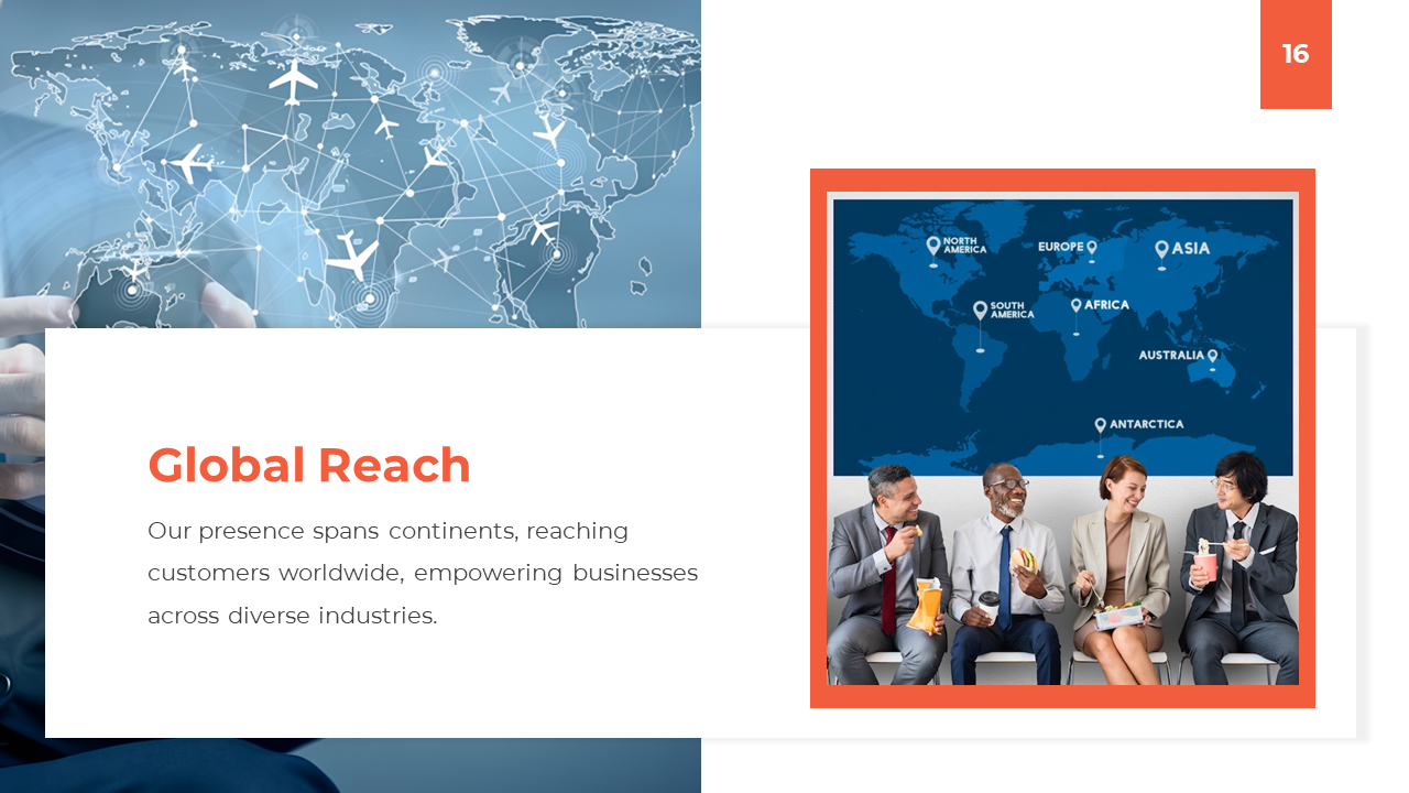 Global reach slide with a world map highlighting continents and a group of professionals discussing drinks on a white theme.