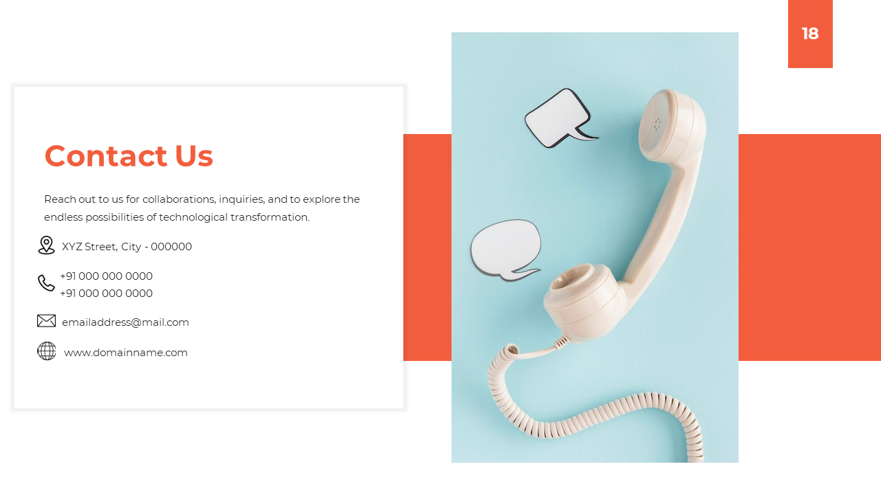 Contact Us slide with an image of a vintage telephone and speech bubbles, displaying contact details for inquiries.