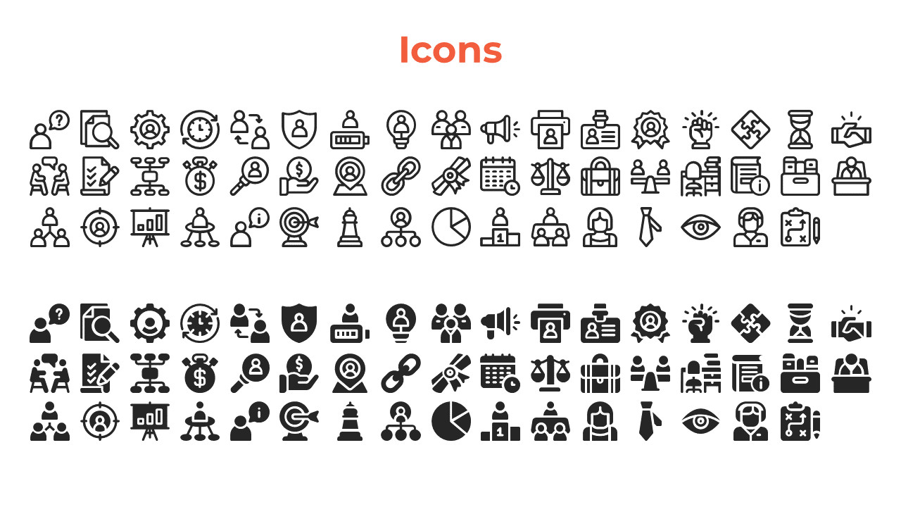Collection of icons depicting key business concepts like teamwork, analysis, finance, and security on a white backdrop.