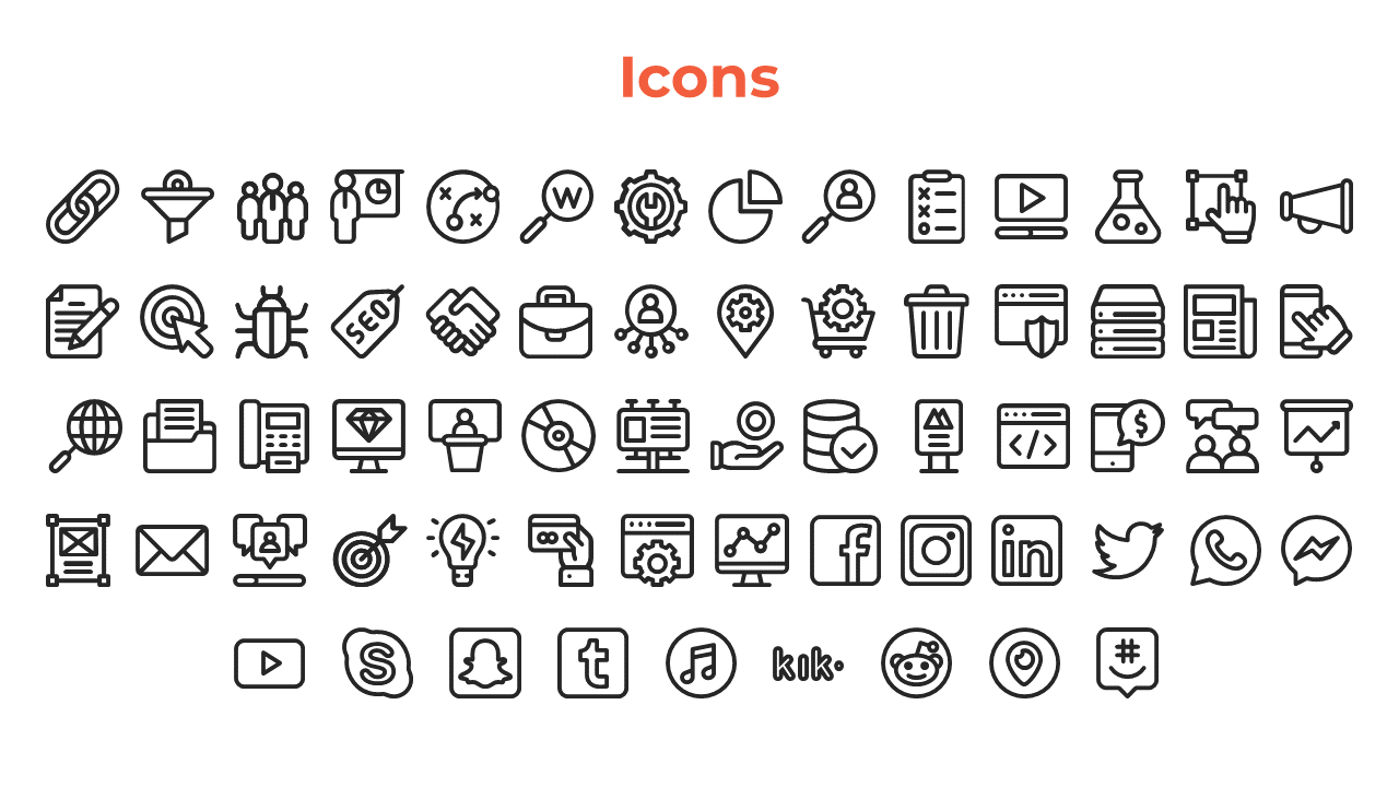 A collection of various business, social media, and tech related icons in black and white.