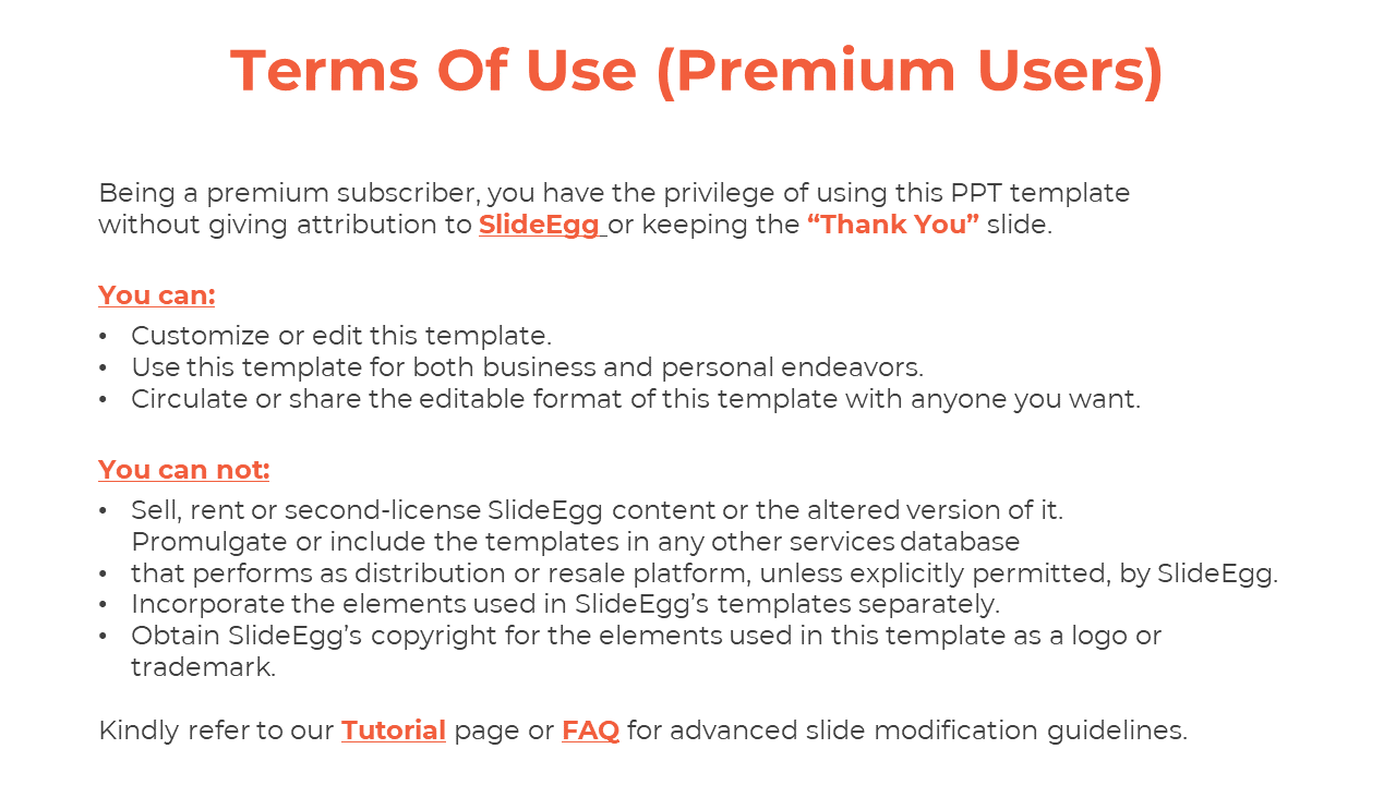 Terms of use for premium users, including privileges to use SlideEgg templates without attribution or the thank you slide.