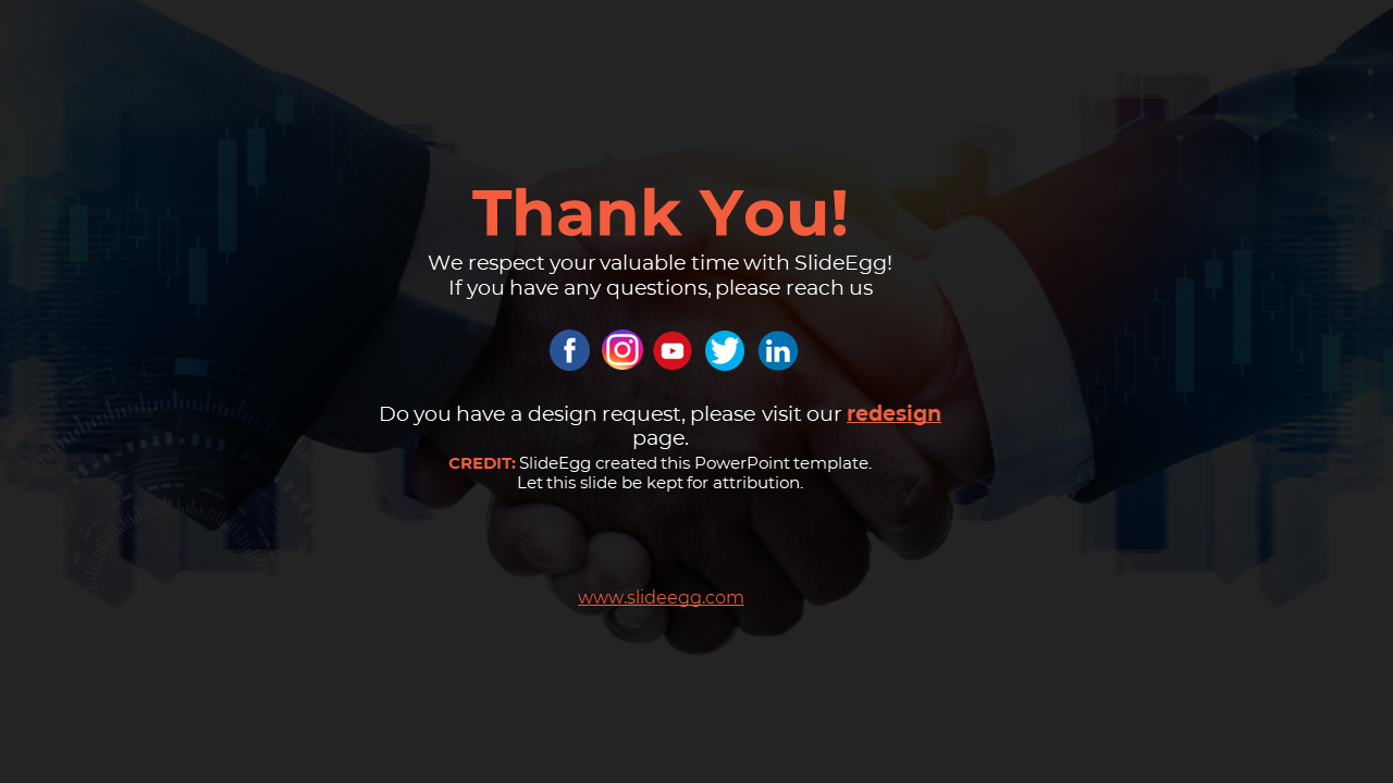 Thank you slide with contact information and social media links, including a handshake image, for the SlideEgg template.