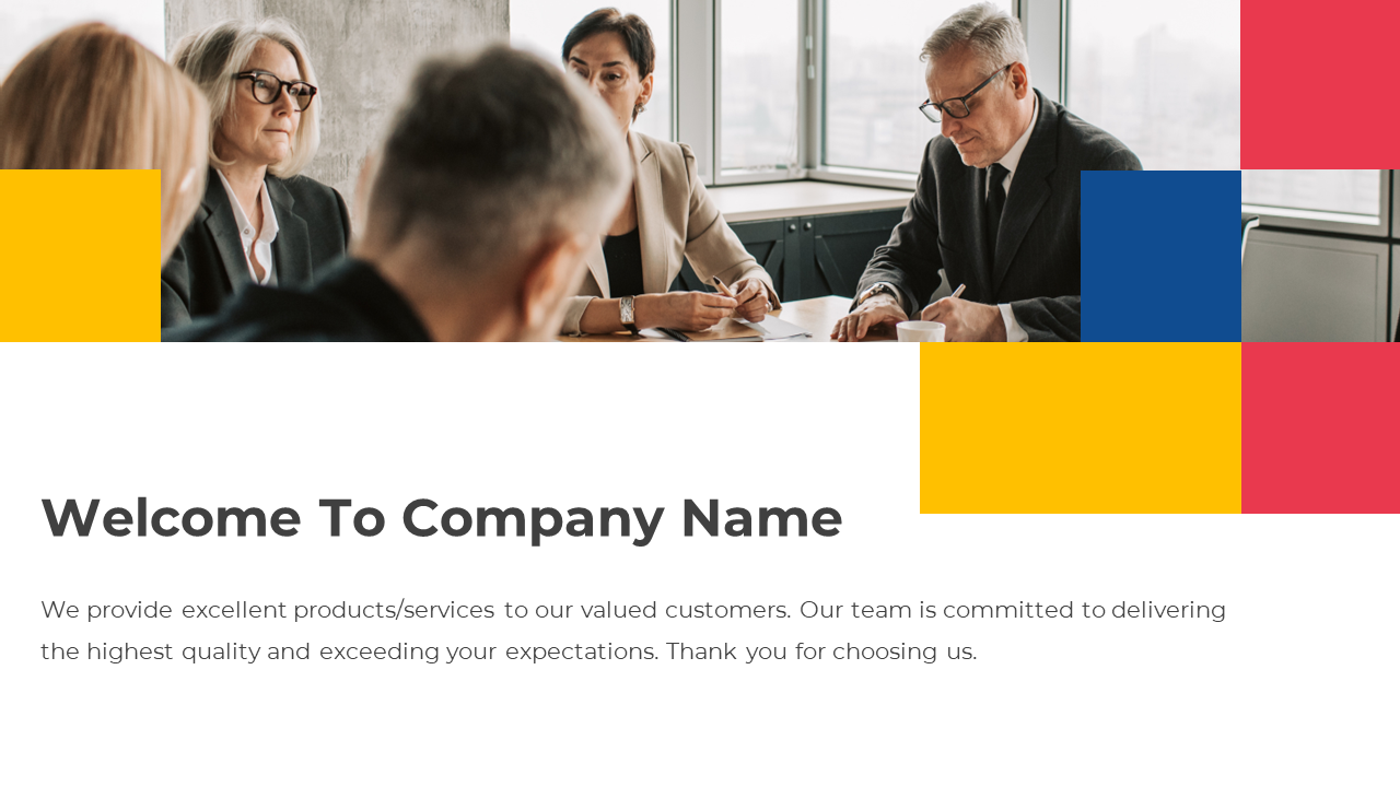 Welcome slide featuring a team of professionals in a meeting, with colorful geometric shapes and a message.
