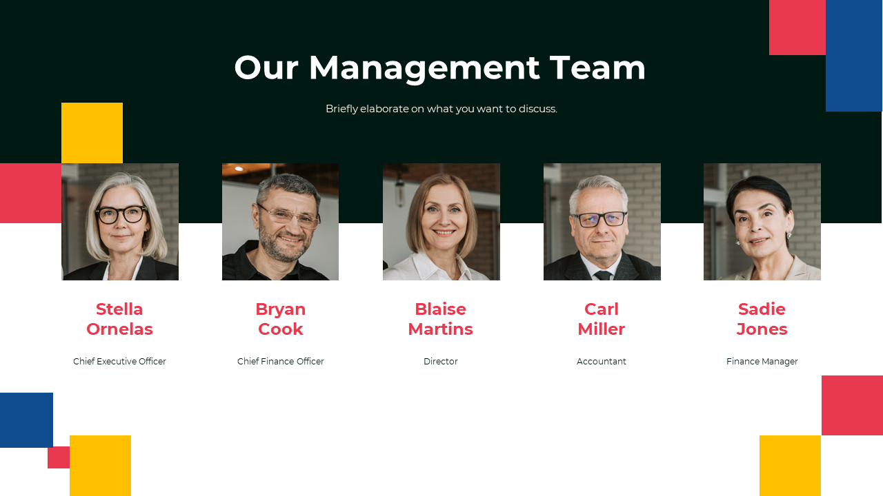 Our team management slide with team members names each with their respective titles on a colorful backdrop.