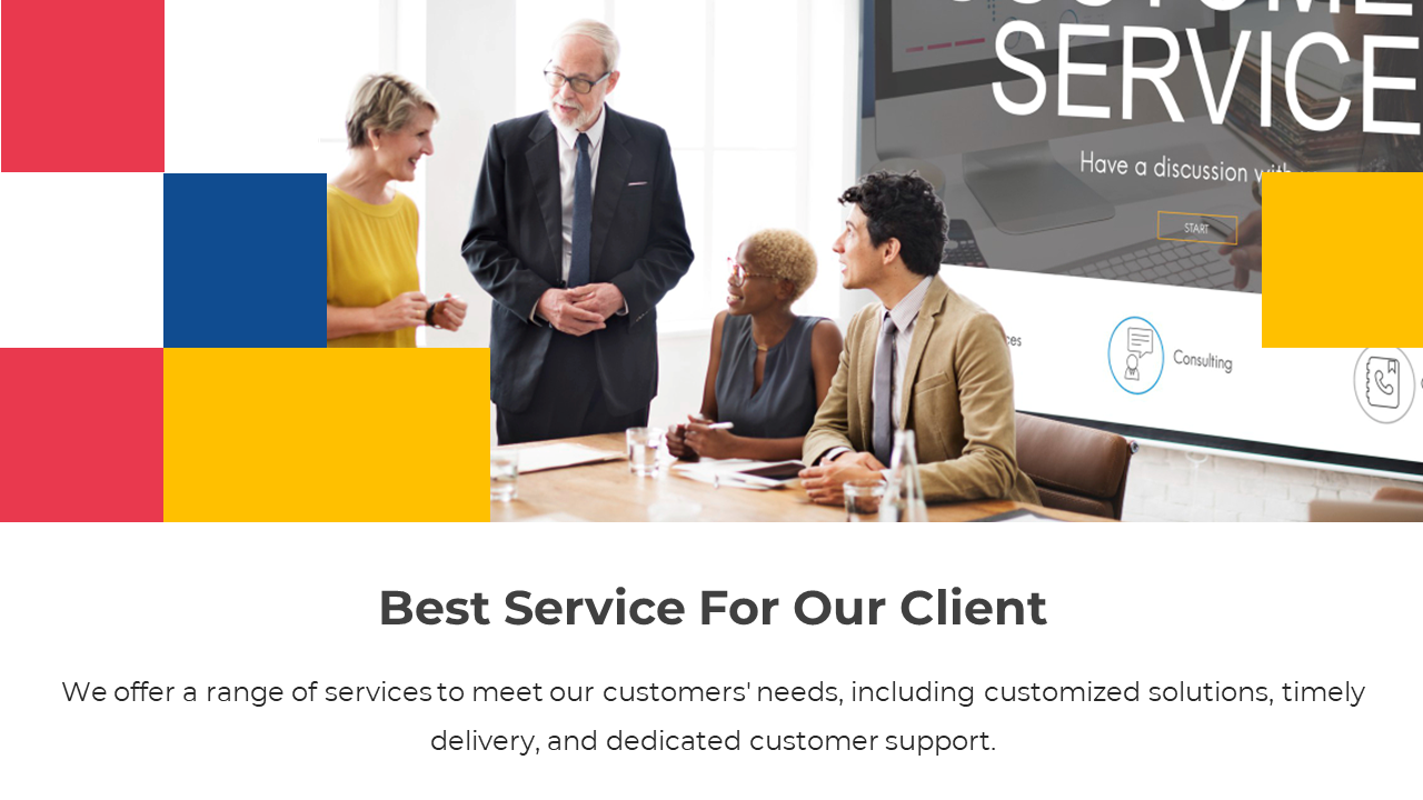 Company profile slide showcasing best service offerings with customer service on a colorful backdrop.
