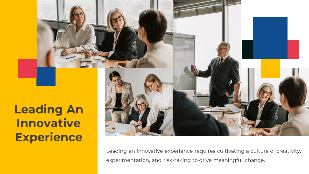 Company profile slide with corporate leaders sharing innovative ideas and presenting a growth strategy in an office setting.