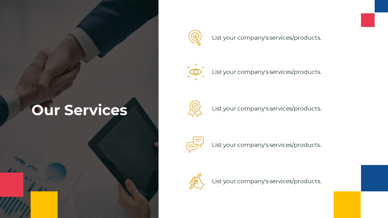 Business professionals shaking hands, with a section on company services or products listed next to icons with color boxes.