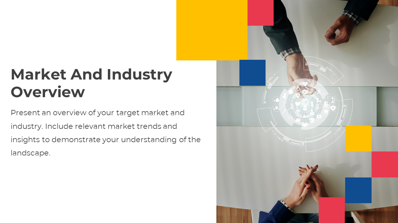 Company profile slide with two people shaking hands with a digital interface showing market insights and trends.