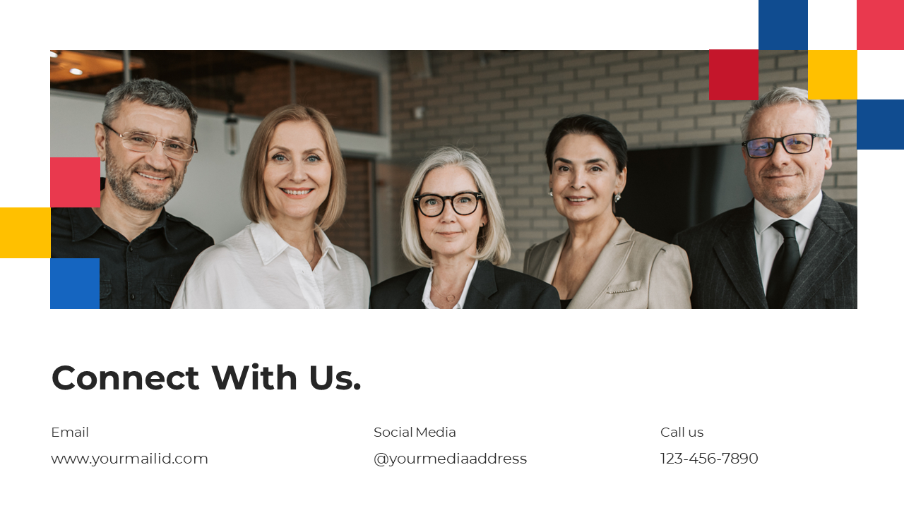 Company profile slide with a group of professionals and contact information including email, social media, and phone number.