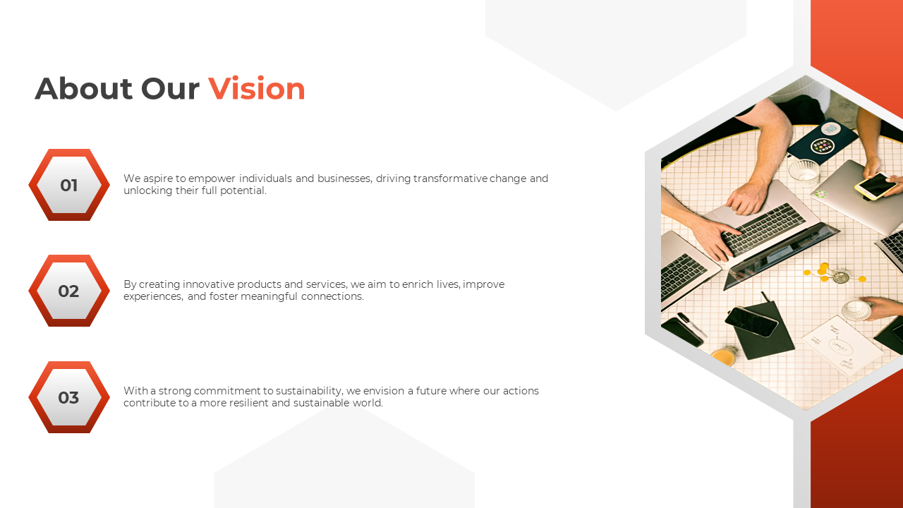Slide presenting the company's vision, focusing on empowerment, innovation, and sustainable growth, with a workspace image.