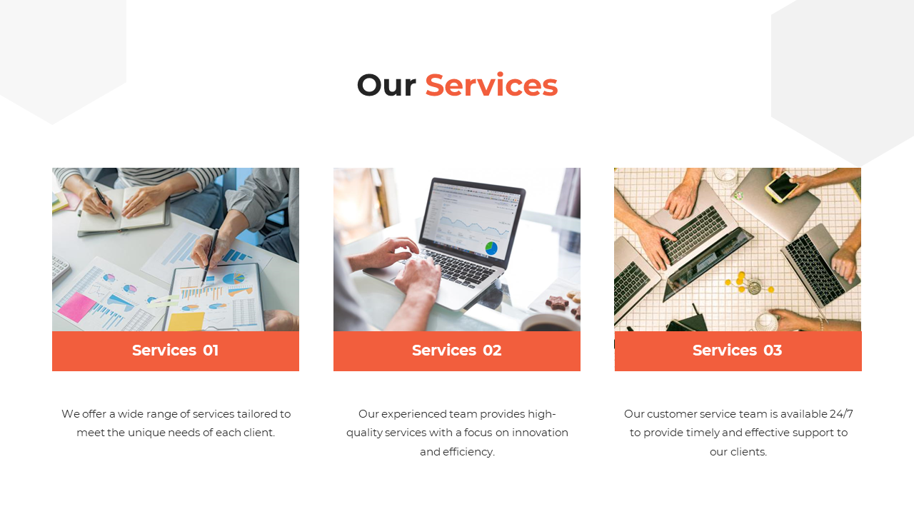 Company profile PPT detailing services with visuals of work on charts, laptops, and collaborative teams on a white backdrop.