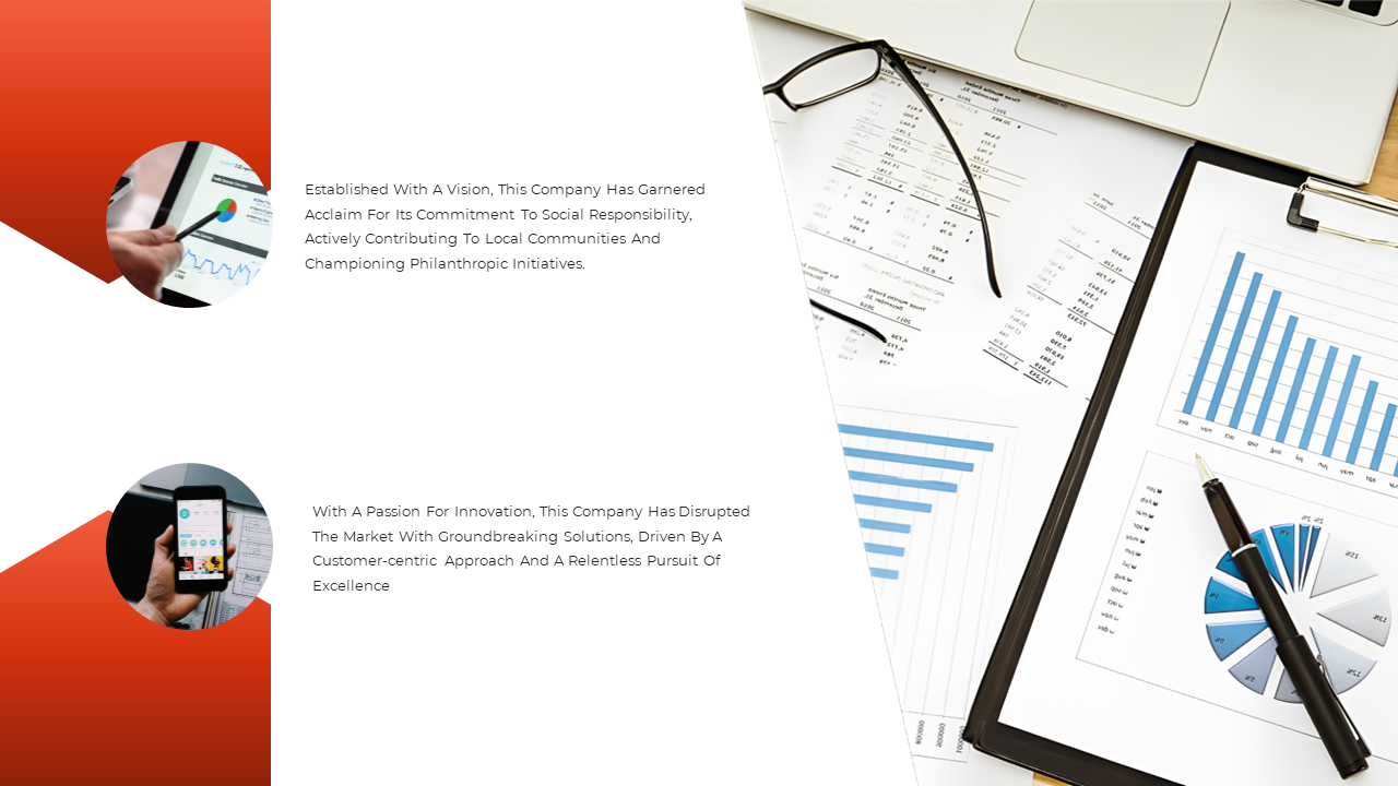 Slide featuring a company’s social responsibility and innovation driven success, supported by data analysis.