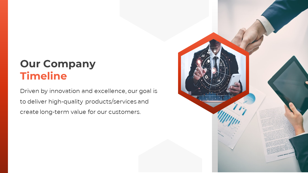Company timeline slide highlighting innovative solutions and business growth, featuring technology driven visuals.