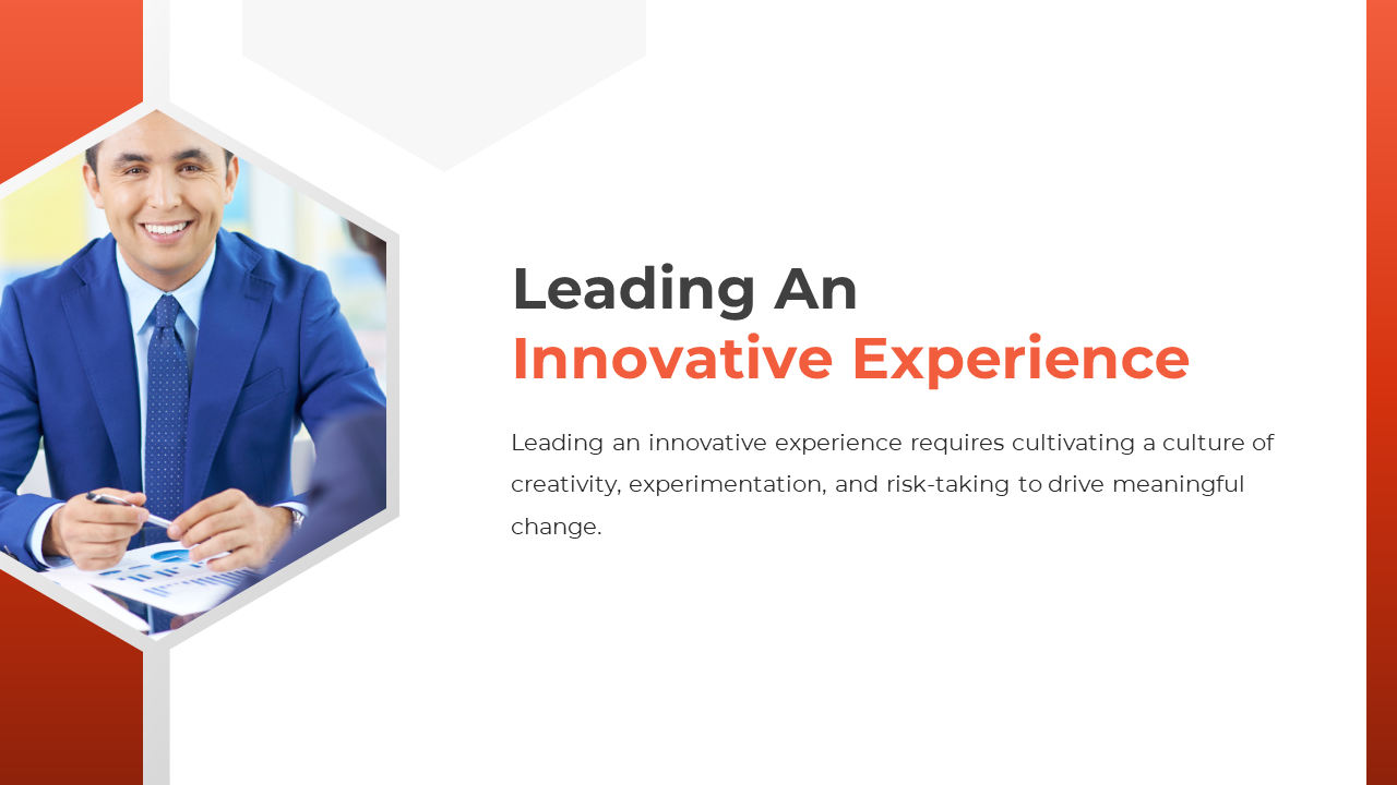 A company profile slide with a man image in a hexagonal shape on a white backdrop with an orange border and text description.
