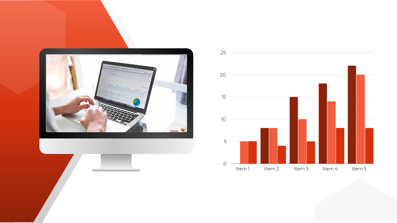 A company profile slide with a person analyzing data on a laptop screen with an orange bar graph showing increasing trends.