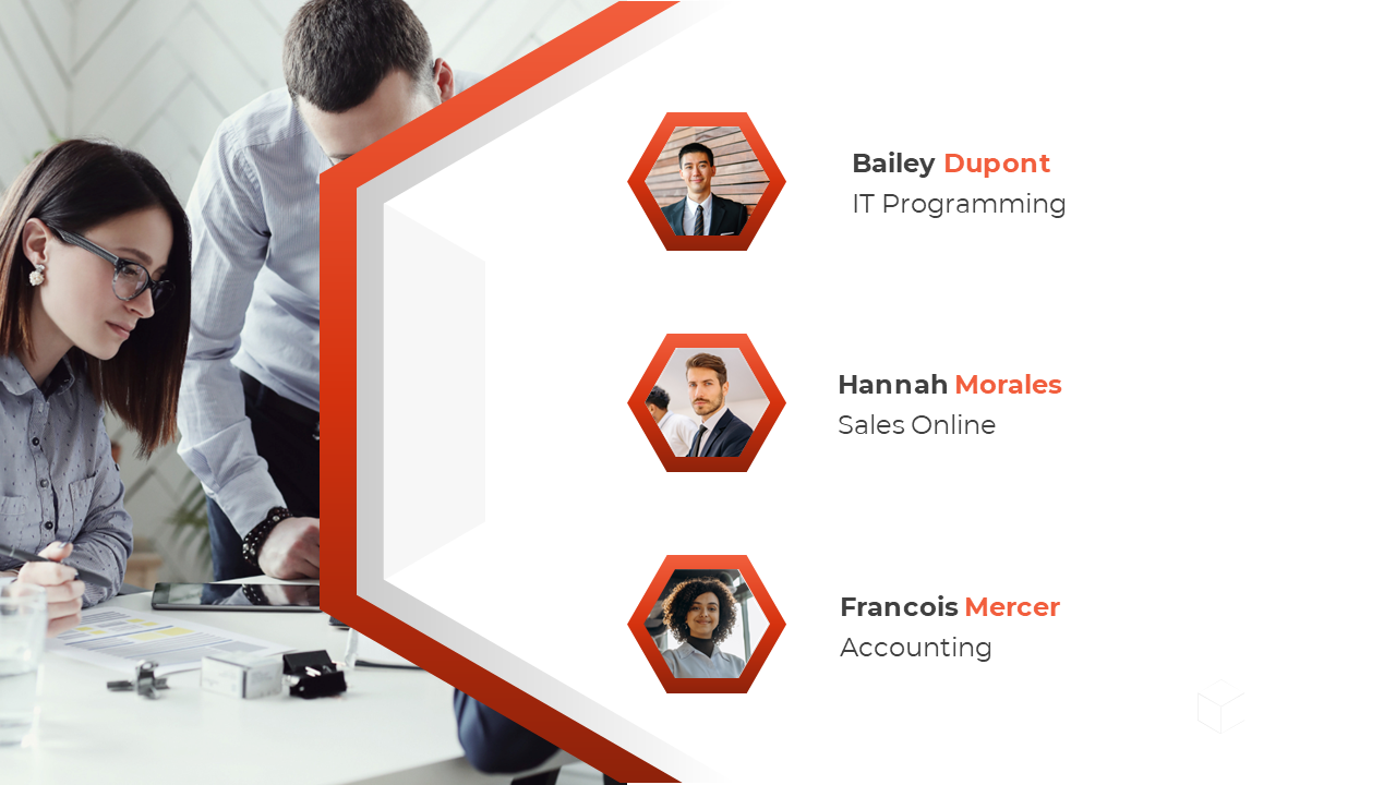 Company profile slide features a professional team with three individuals working together in an office setting.