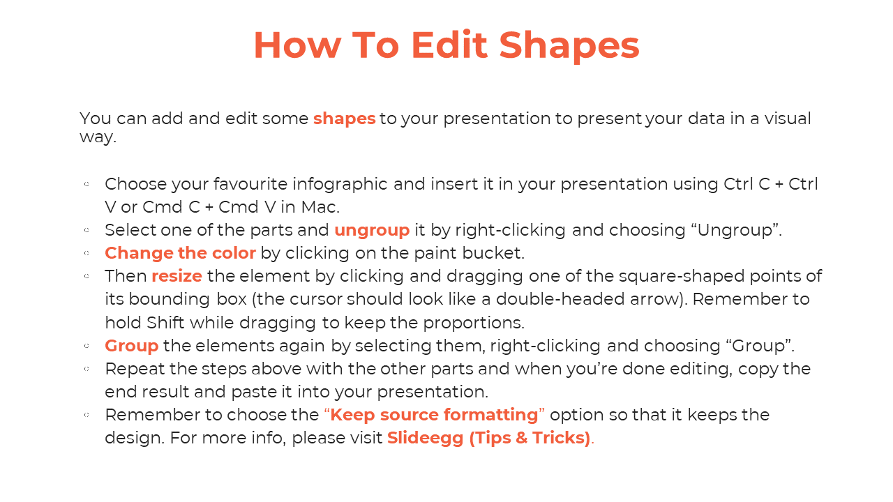 Slide showing how to edit shapes in PowerPoint, including ungrouping, changing colors, resizing, and grouping elements again.
