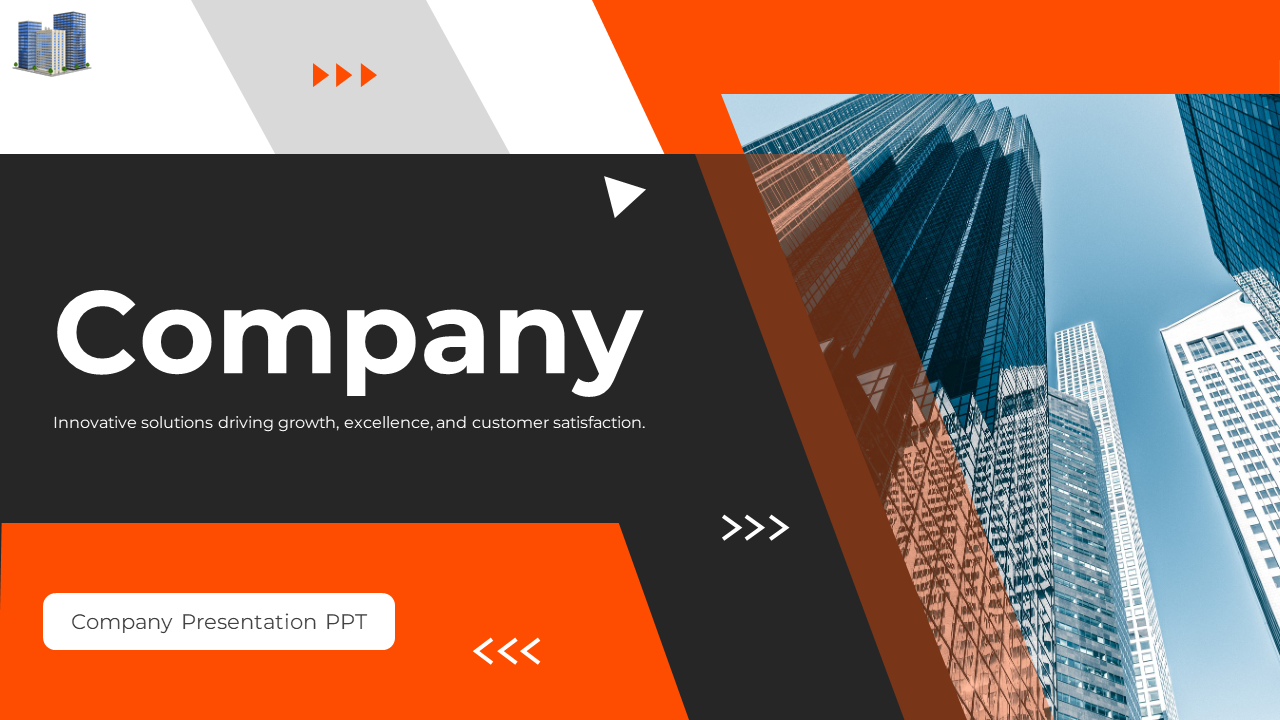 Colorful company presentation slide with a focus on innovation and growth, featuring an image of tall buildings.