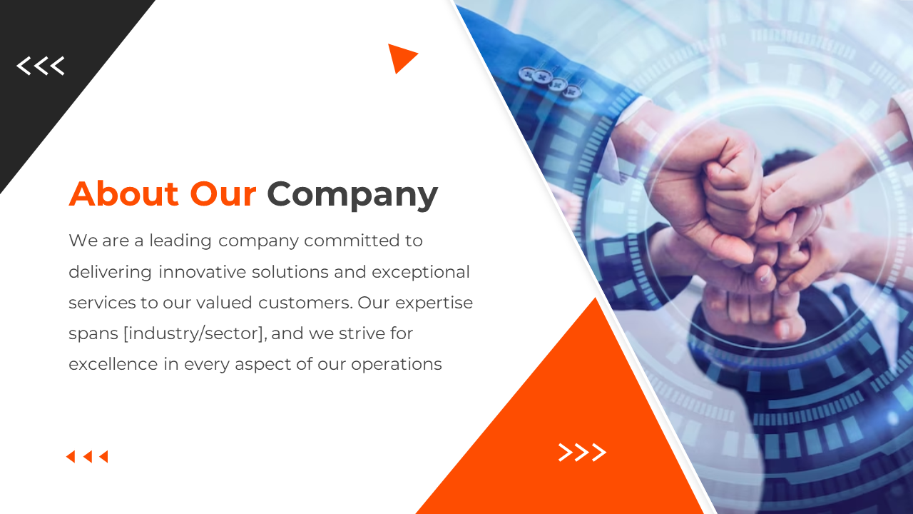 Company PPT slide showing a team collaboration theme, with a digital handshake background and text on a colorful backdrop.