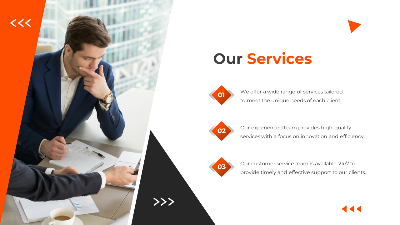 Our services slide showing a businessman thoughtfully analyzing the services offered by the company on a split backdrop.