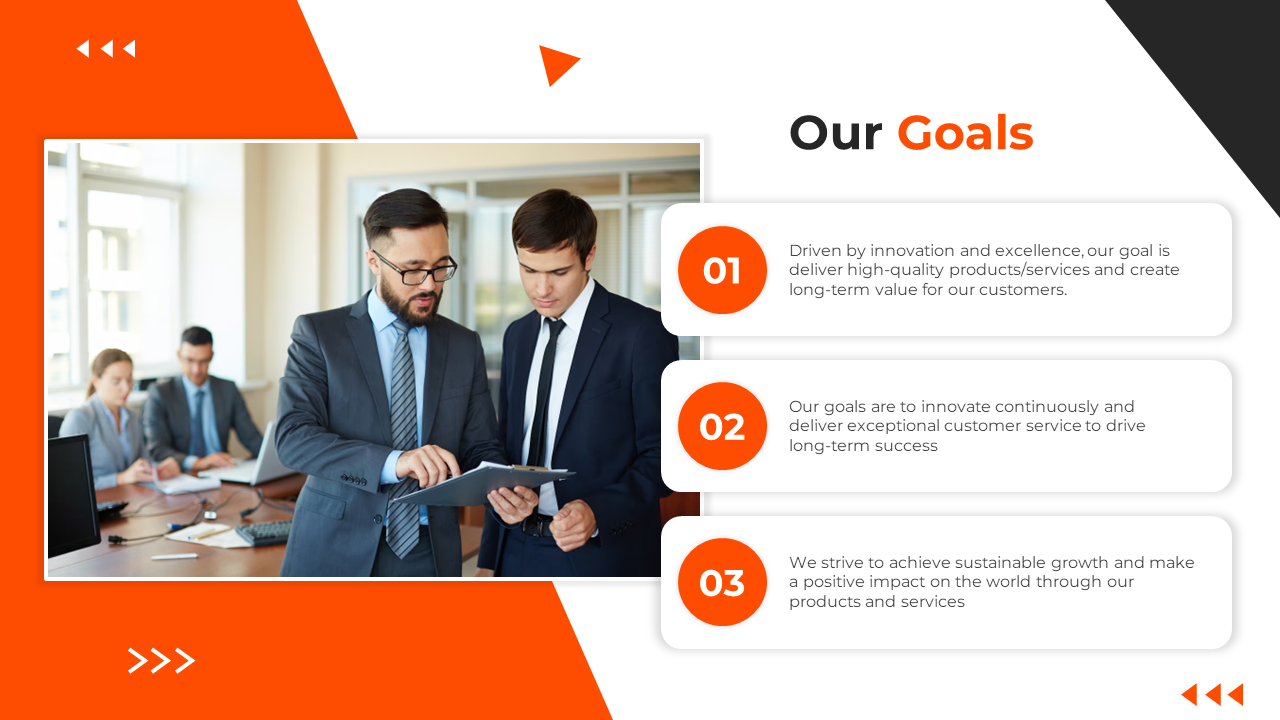 Company slide with team of business professionals in a meeting, with key goals on a split backdrop in orange and white theme.