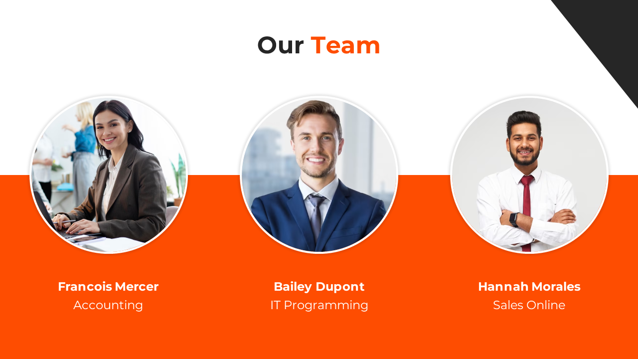 Team members from accounting, IT programming, and sales online, posing for a group photo with their titles on a orange theme.