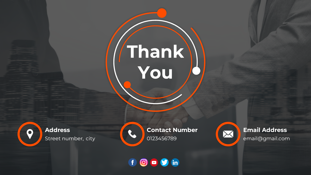 Thank you slide featuring contact details with icons for address, contact number, and email on a blurred business background.