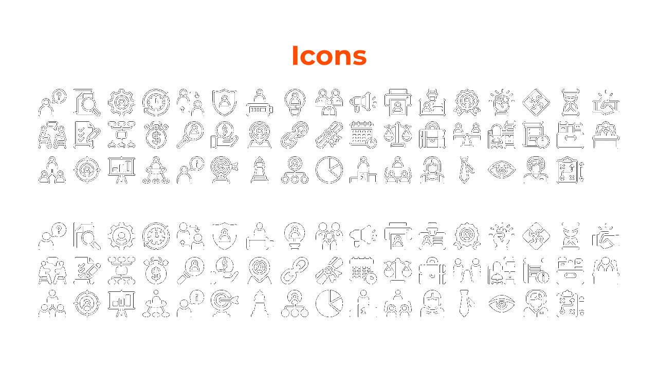 A collection of black and white icons representing various business concepts such as collaboration, analysis, and more.