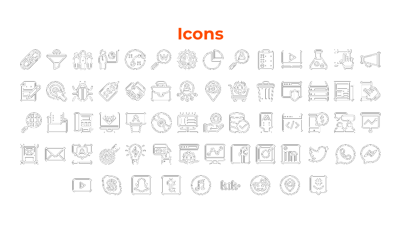 A set of icons depicting digital marketing, SEO, project management, social media apps, and business processes.