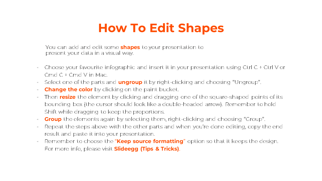 Slide showing instructions on editing shapes, including steps like ungrouping, changing colors, resizing, and grouping.