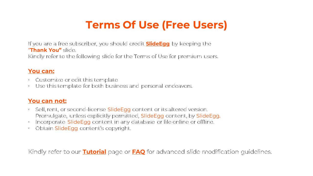 Terms of Use slide for free users explaining that they must credit SlideEgg and keep the Thank You slide in the presentation.