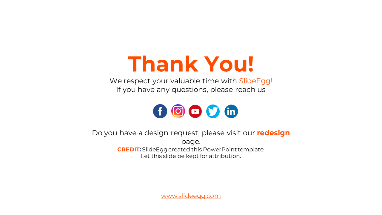 Thank You slide for SlideEgg with social media icons for Facebook, Instagram, YouTube, and LinkedIn, with a website link.