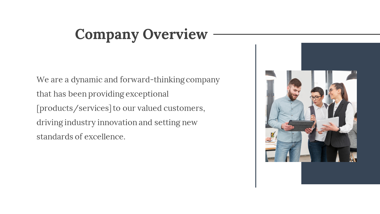 A team of professionals in an office discussing a project, with the words company overview in bold at the top on white theme.