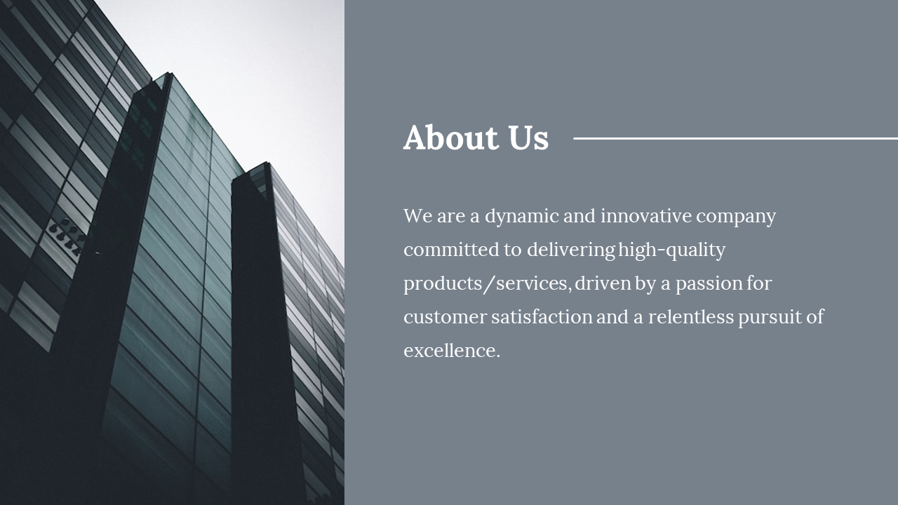 View of a sleek office building with the heading about us and a company description beside it.