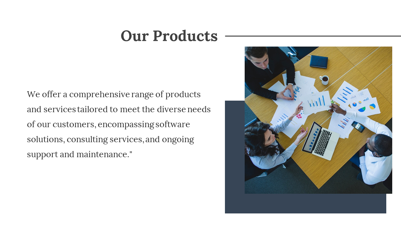 Business team analyzing charts, offering comprehensive products and services, including software and consulting.
