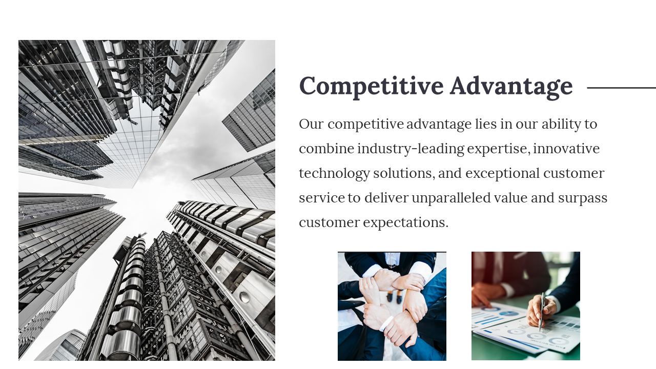 Tall city buildings represent industry leadership and competitive advantage complemented by teamwork and analytical focus.