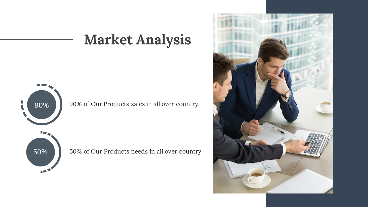 Two professionals analyzed market data on a laptop and discussed sales and product needs with graphs and documents.