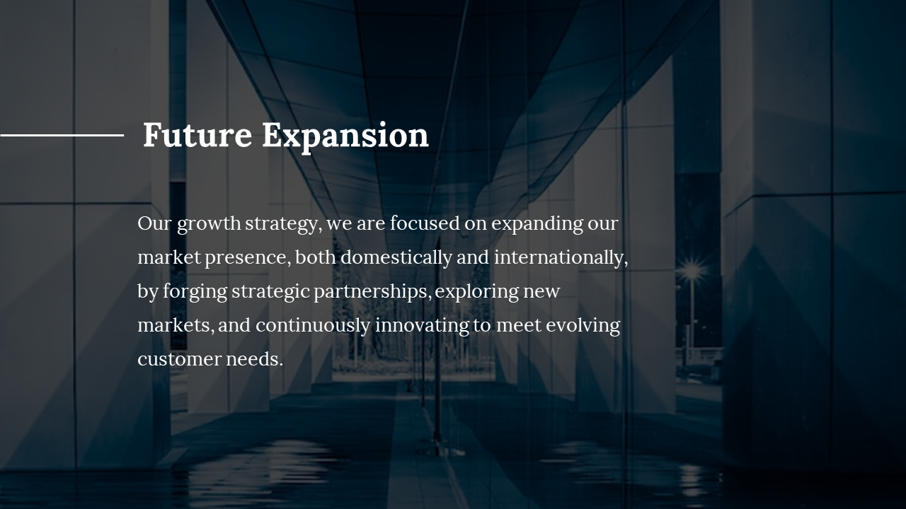 View of a sleek corporate building, reflecting the strategy of business expansion and innovation with text descriptions.