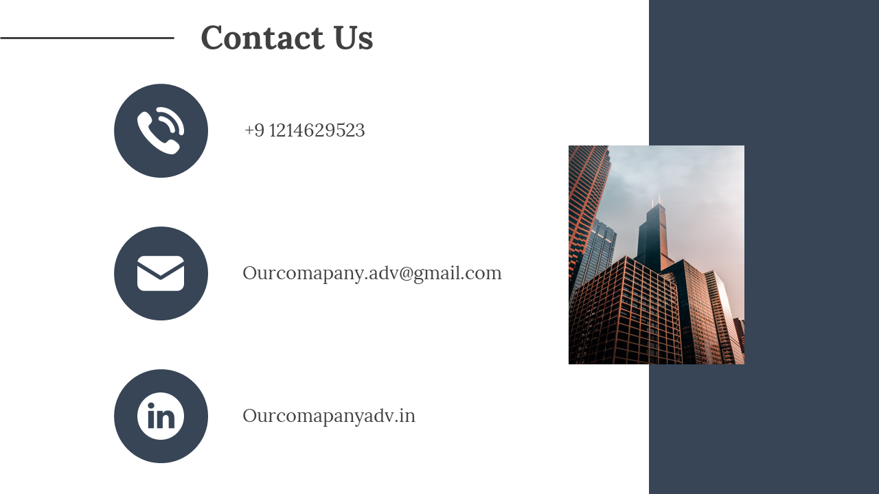 Modern cityscape shows tall office buildings, symbolizing the company's professional presence on a white theme with icons.