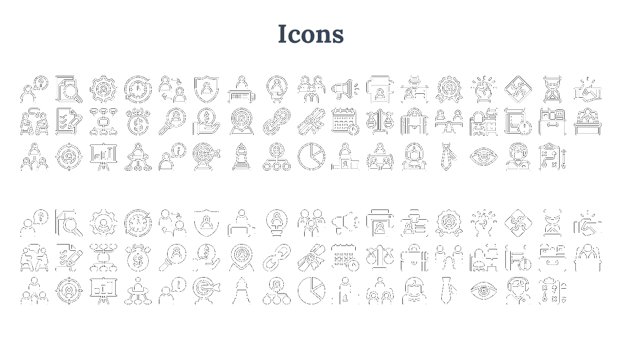 Collection of black and white icons representing various business concepts such as teamwork, security, and communication.